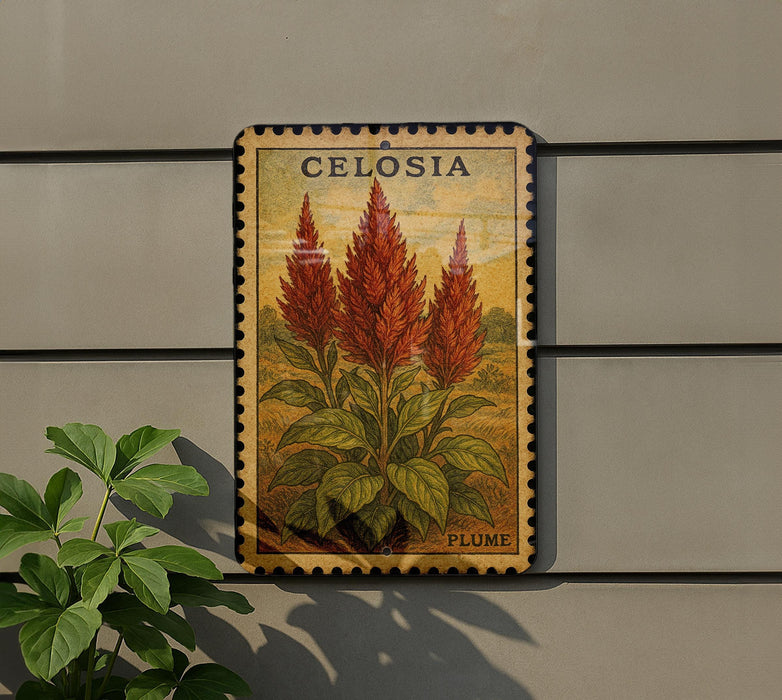 a decorative metal plaque with a floral illustration of Celosia plants, mounted on a wall.