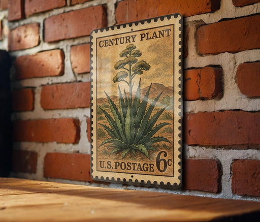 A vintage-style metal postage stamp featuring an illustration of an agave plant, mounted on a brick wall.