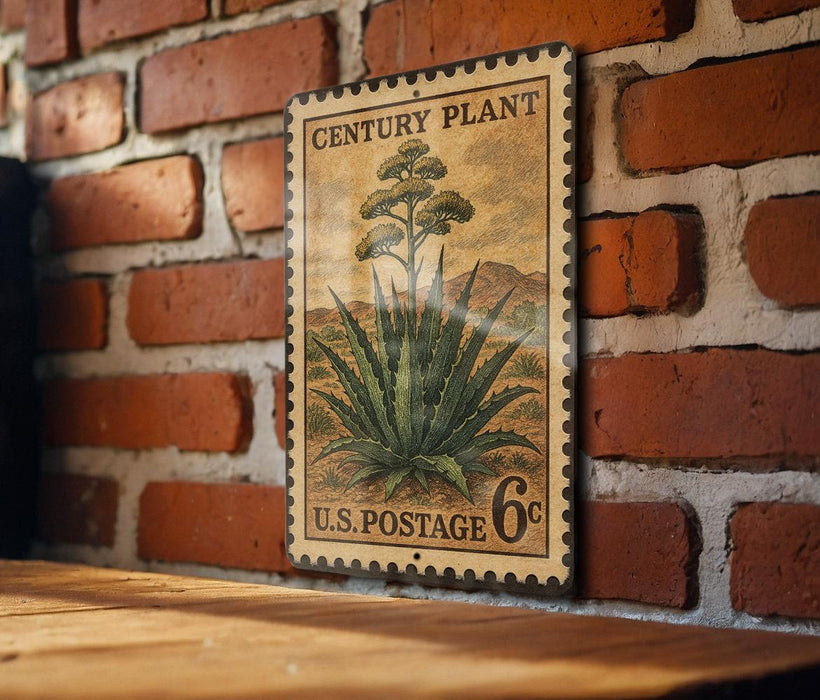 A vintage-style metal postage stamp featuring an illustration of an agave plant, mounted on a brick wall.