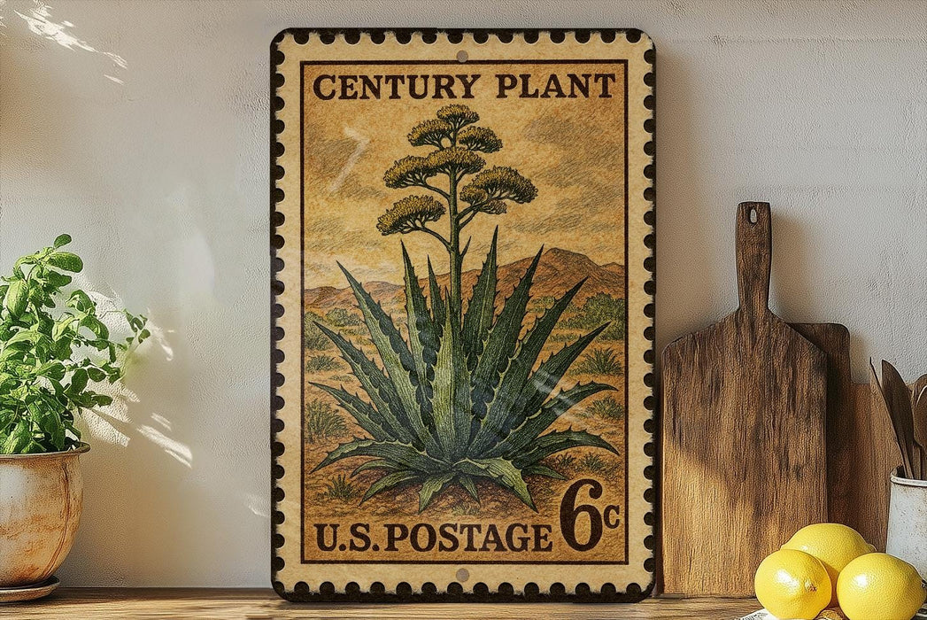 A vintage-style postage stamp featuring an illustration of an agave plant, placed on a wooden surface next to a wooden cutting board and a potted plant.