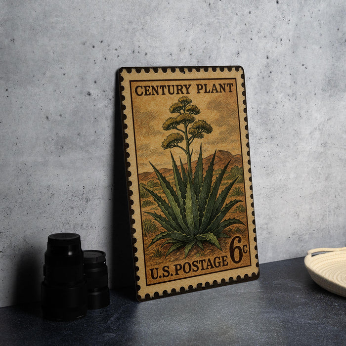 A vintage U.S. postage stamp featuring an illustration of an agave plant, placed on a dark surface next to some black camera lenses.