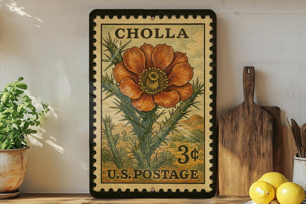 A vintage postage stamp featuring a large orange flower is displayed on a shelf, surrounded by kitchen utensils and a potted plant.