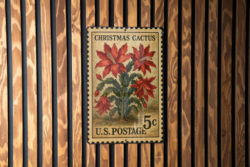A vintage U.S. postage stamp featuring a Christmas cactus plant on a wooden background.