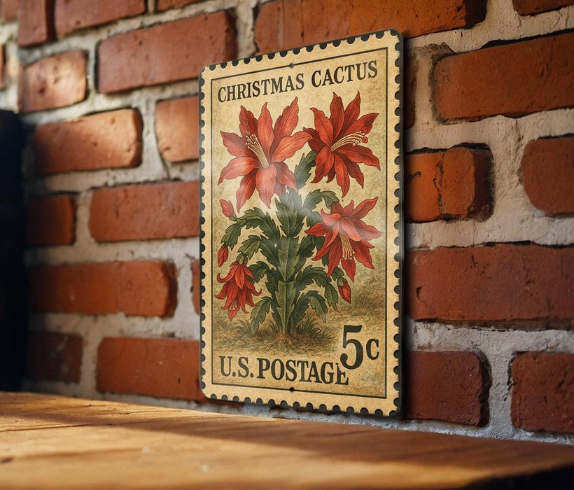 A vintage Christmas cactus postage stamp is displayed on a brick wall, with a wooden table below it.