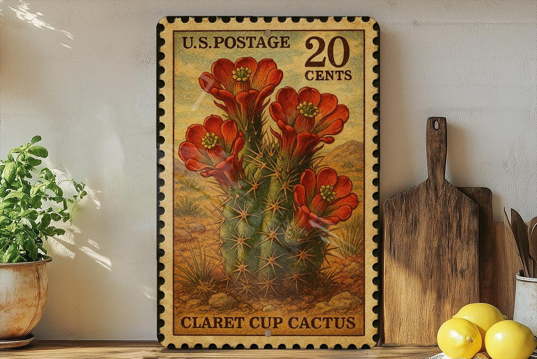 A framed U.S. postage stamp depicting a Claret Cup Cactus, with a wooden cutting board and lemons visible in the background.