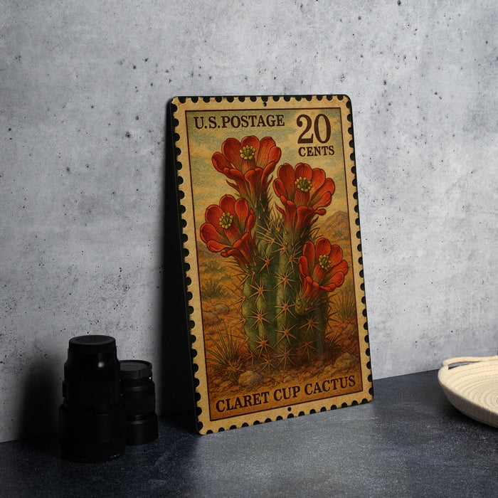 A U.S. postage stamp featuring a cactus plant with red flowers, placed on a table next to some black camera lenses.