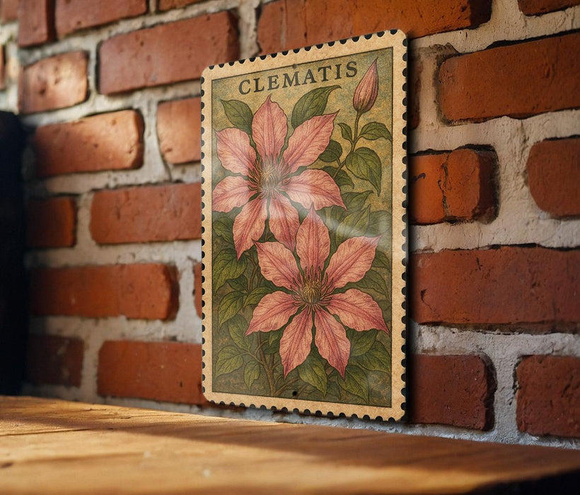 A framed illustration of clematis flowers is displayed on a brick wall, with a wooden table below it.