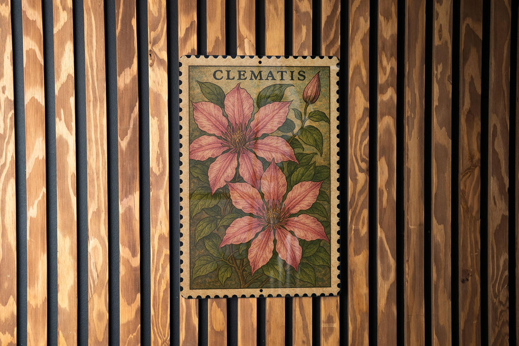 A framed botanical illustration of clematis flowers is displayed on a wooden wall.