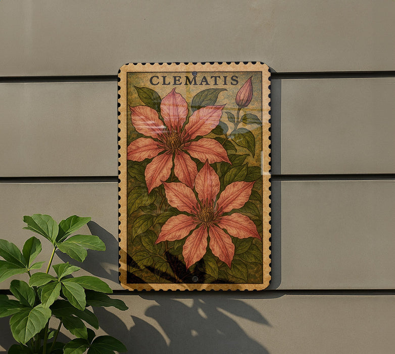 A framed botanical illustration of clematis flowers is displayed on a wall, with a potted plant visible to the left.