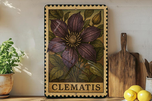 A framed illustration of a clematis flower is displayed on a shelf, accompanied by a wooden cutting board, a potted plant, and some lemons.