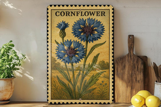 a framed illustration of two blue flowers, with a wooden cutting board and a potted plant to the left.