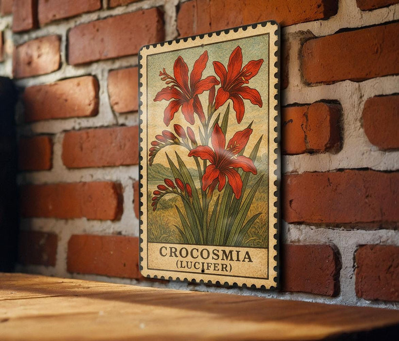 A vintage-style postage stamp featuring a floral illustration of crocuses (LUCIFER) is displayed on a brick wall.