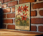 A vintage-style postage stamp featuring a floral illustration of crocuses (LUCIFER) is displayed on a brick wall.