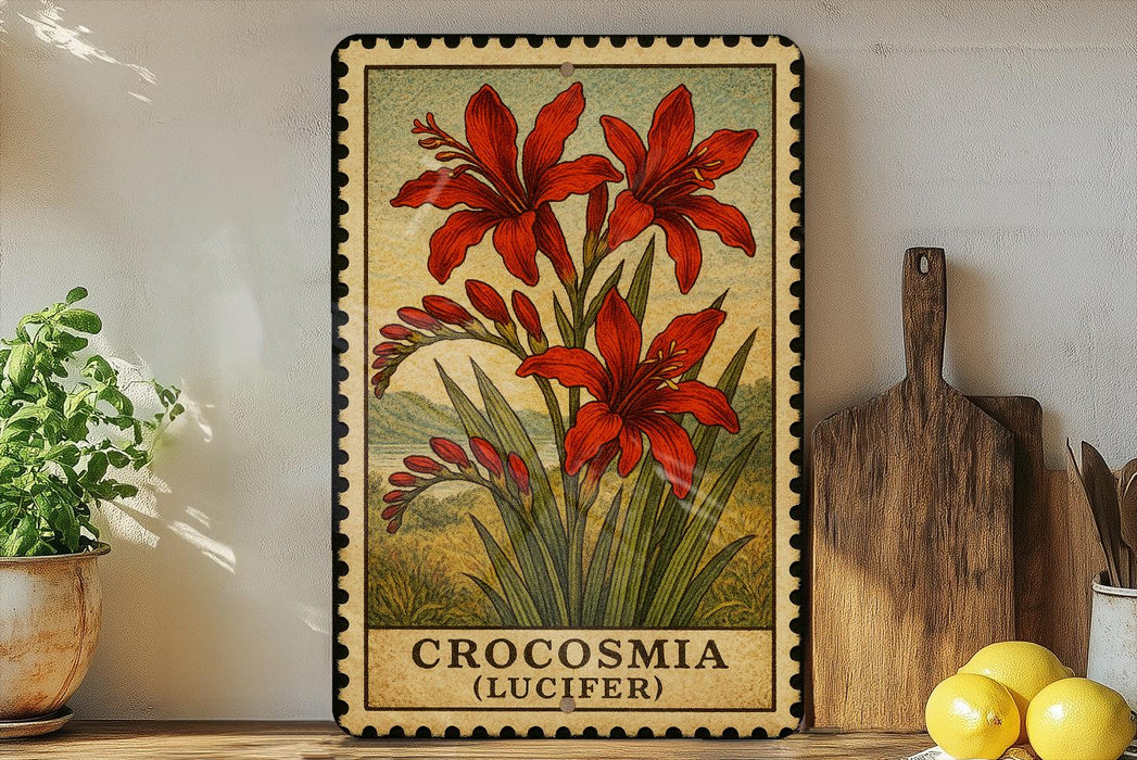 a framed illustration of red crocuses (Lucifer) on a shelf, with a wooden cutting board and a potted plant nearby.