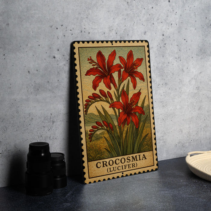 A framed illustration of red crocosmia flowers, a type of lily, is displayed on a gray wall.