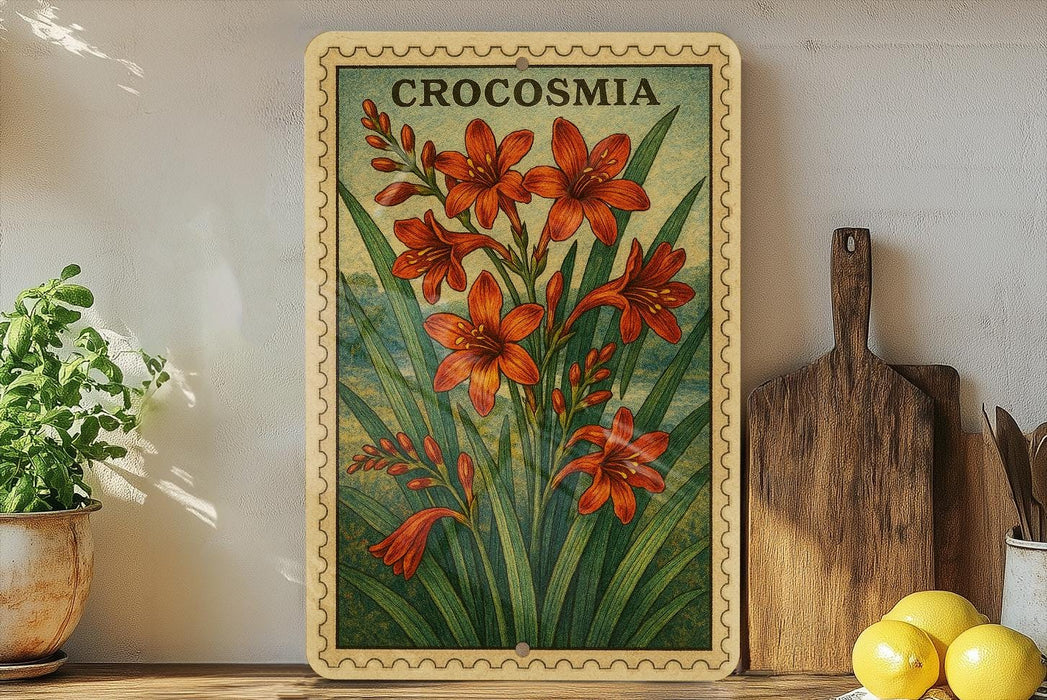 A framed illustration of crocuses is displayed on a shelf, accompanied by a wooden cutting board, a potted plant, and some lemons.