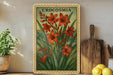 A framed illustration of crocuses is displayed on a shelf, accompanied by a wooden cutting board, a potted plant, and some lemons.