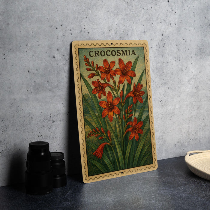 A framed illustration of crocosmia flowers is displayed on a gray wall, accompanied by a stack of black camera lenses and a white dish.