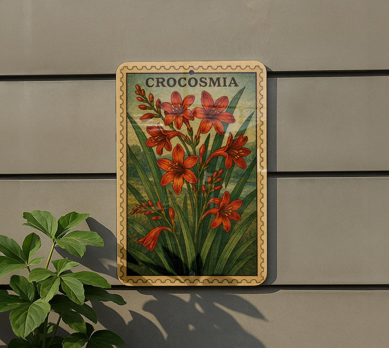 A framed illustration of crocus flowers is displayed on a wall, with a plant to the left.