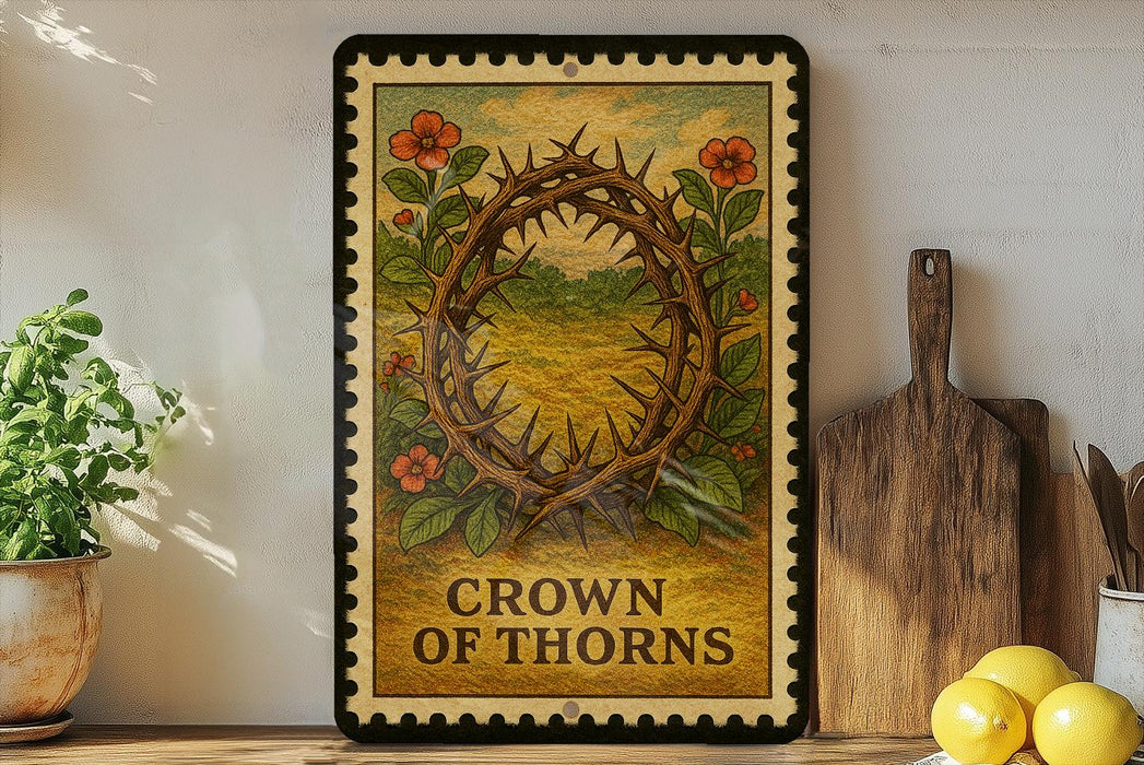 A framed poster with the text "CROWN OF THORNS" is displayed on a shelf, surrounded by various kitchen items such as a potted plant, a cutting board, and a bowl of lemons.