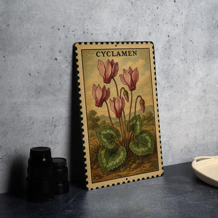 A framed illustration of pink Cyclamen flowers is displayed on a gray wall, accompanied by a stack of black camera lenses and a white dish.