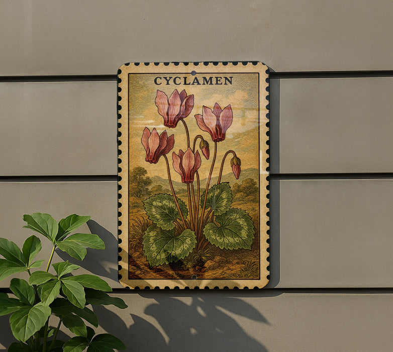 a framed illustration of pink flowers on a wall, with a plant to the left of the frame.