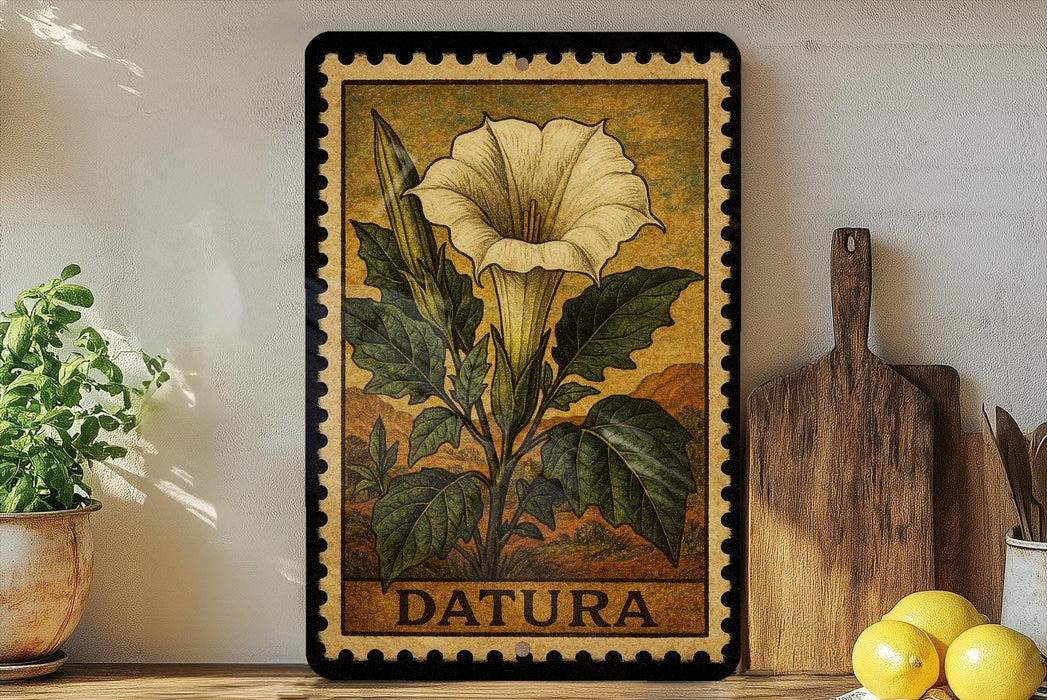 A framed illustration of a white flower with green leaves, labeled "DATURA", is displayed on a shelf next to a wooden cutting board and a potted plant.