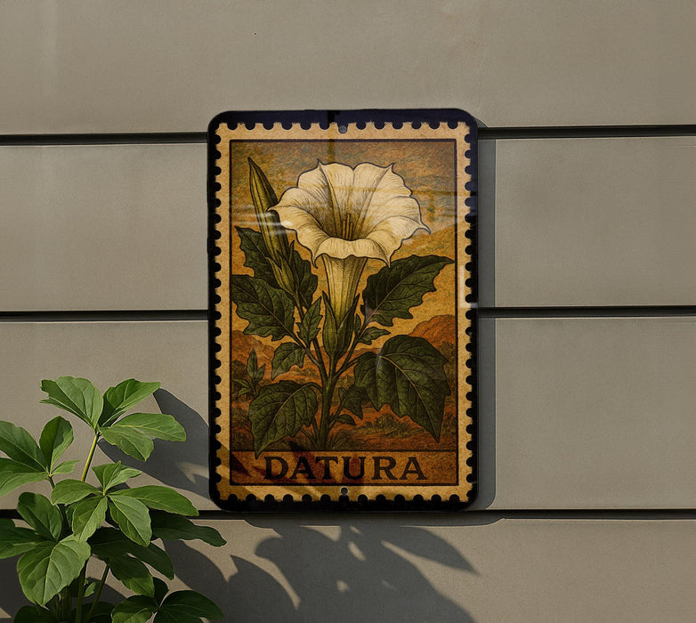 A framed illustration of a white flower with green leaves, mounted on a wall.