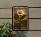 A framed illustration of a white flower with green leaves, mounted on a wall.
