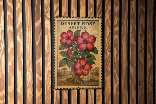 A vintage-style poster of a desert rose adenium is displayed on a wooden wall.