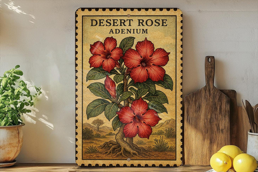 a decorative metal sign with a floral illustration of a desert rose plant, placed on a shelf next to a wooden cutting board and a potted plant.