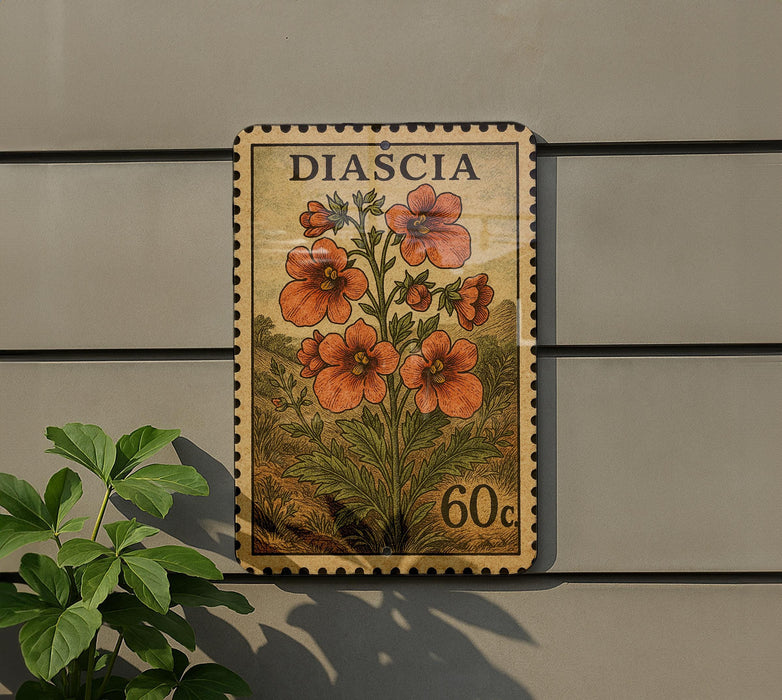 A vintage postage stamp featuring a floral design is displayed on a wall, with a plant visible to the left.