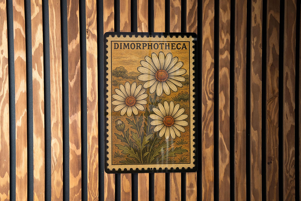 a vintage-style stamp or postcard with a floral design, hanging on a wooden wall.