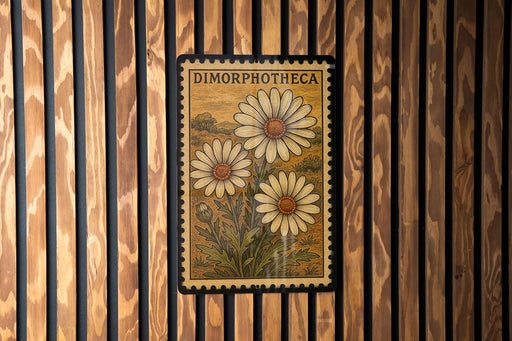 a vintage-style stamp or postcard with a floral design, hanging on a wooden wall.
