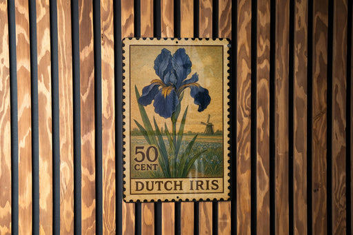 A 50 cent Dutch iris postage stamp is displayed on a wooden wall.