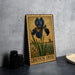 A metal stamp depicting a blue iris flower, with the text "50 CENT DUTCH IRIS" printed on it.