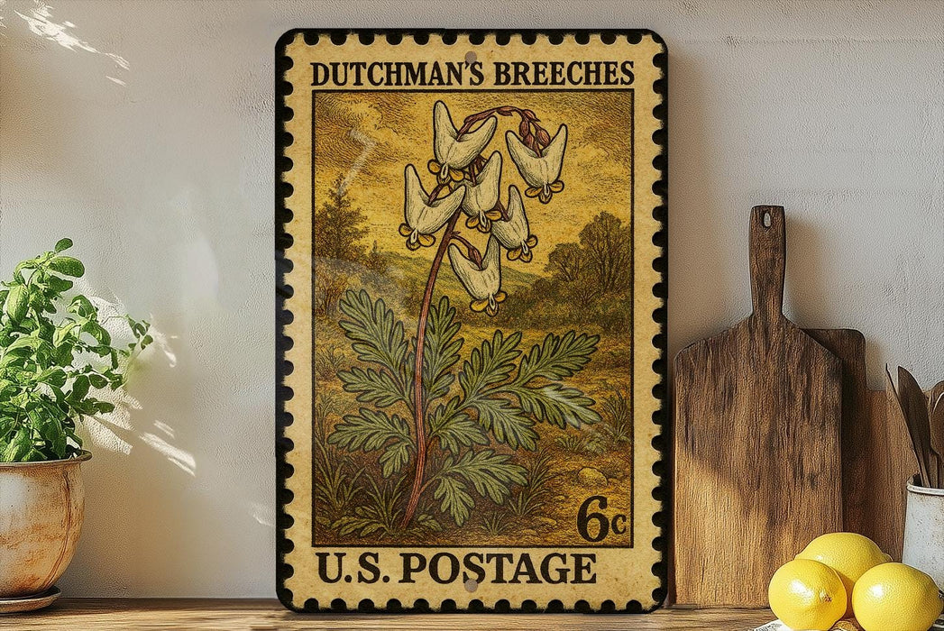 A vintage postage stamp featuring a floral design, placed on a shelf next to a wooden cutting board and some potted plants.