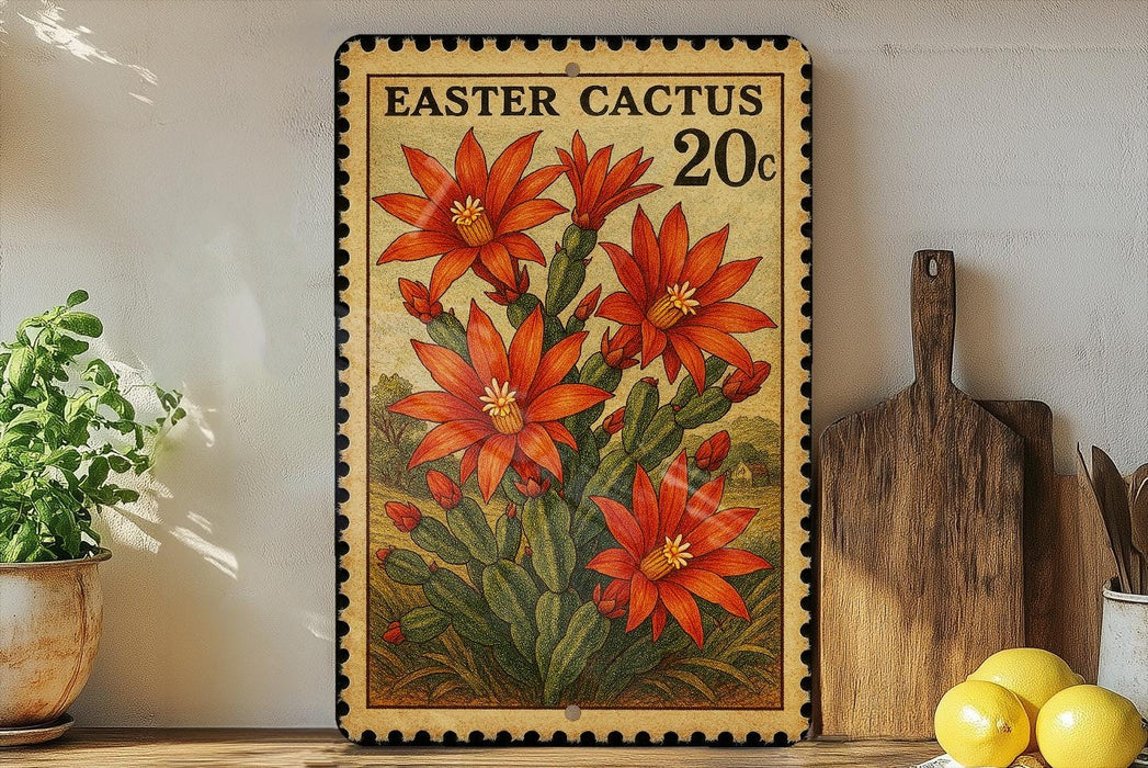 A framed stamp depicting a vibrant red cactus flower, with the text "EASTER CACTUS 20c" printed on it. The stamp is placed on a wooden shelf, surrounded by various kitchen utensils and a potted plant.