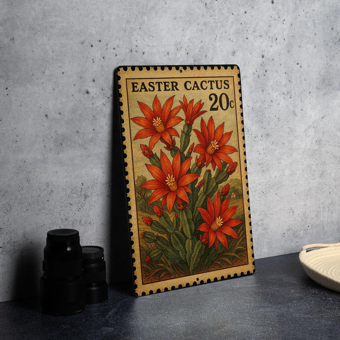 A vintage Easter cactus postage stamp with a floral design, placed on a gray countertop next to some black camera lenses.
