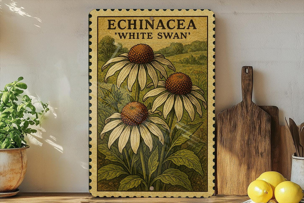 a vintage-style stamp or frame with a floral illustration of three white swan flowers, placed on a wooden surface next to a potted plant and a wooden cutting board.