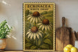 a vintage-style stamp or frame with a floral illustration of three white swan flowers, placed on a wooden surface next to a potted plant and a wooden cutting board.