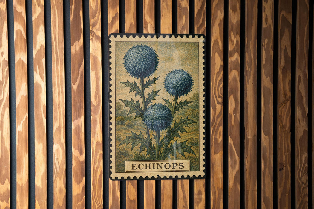 A framed botanical illustration of a thistle flower is displayed on a wooden wall.