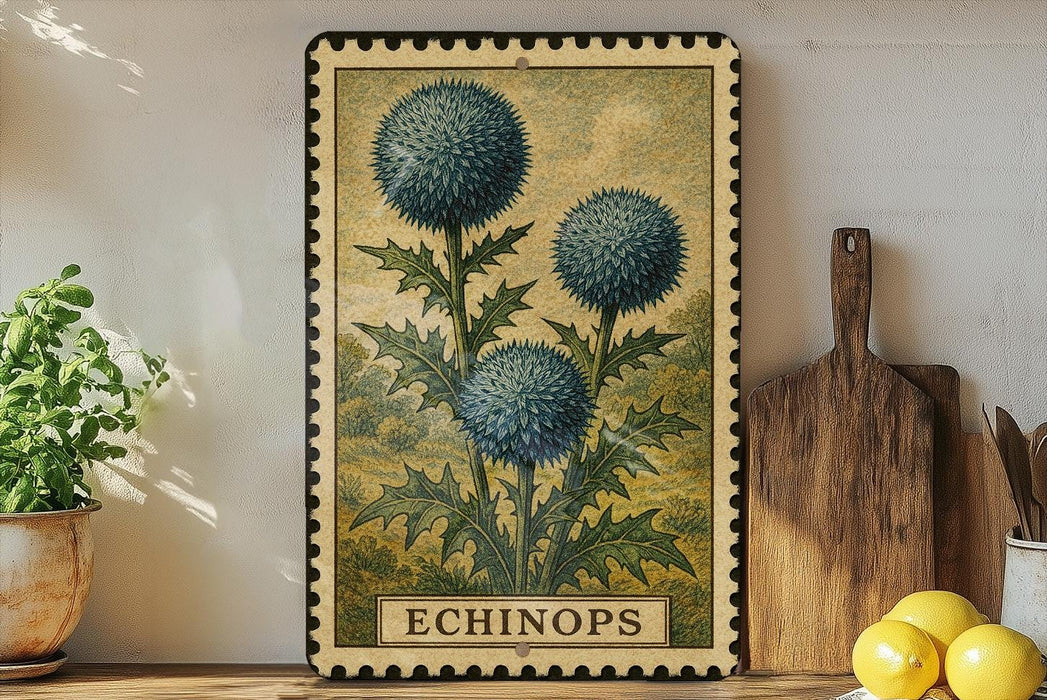 a framed illustration of three blue flowers with green leaves, placed on a shelf next to a wooden cutting board and a potted plant.