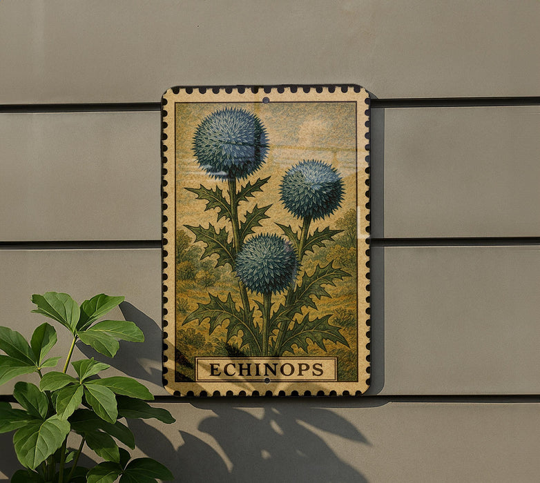 a decorative sign with a botanical illustration of thistle flowers, mounted on a wall.