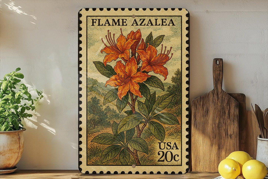 A framed image of a vibrant orange lily flower, with the text "FLAME AZALEA" and "USA 20c" printed on it, is displayed on a shelf next to a wooden cutting board and a potted plant.