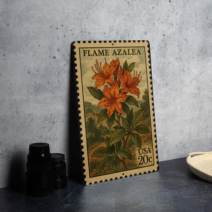 A metal stamp featuring a vibrant illustration of a flame azalea plant, with the text "FLAME AZALEA" and "USA 20c" printed on it.
