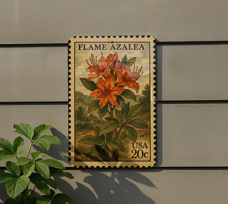 A vintage-style postage stamp featuring a vibrant illustration of a flame azalea flower, mounted on a wall next to a potted plant.