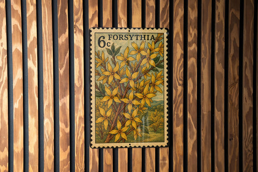 a vintage-style postage stamp with a floral design, mounted on a wooden wall.