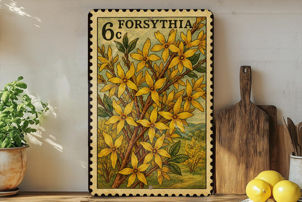 a framed stamp with a floral design, placed on a shelf next to a wooden cutting board and some potted plants.