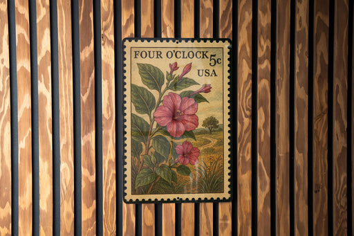 A four-clock stamp from the United States, featuring a pink flower and green leaves, is displayed on a wooden wall.
